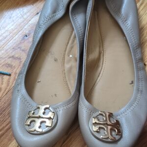 Tory Burch Taupe Leather Ballet Flats with Gold Logo